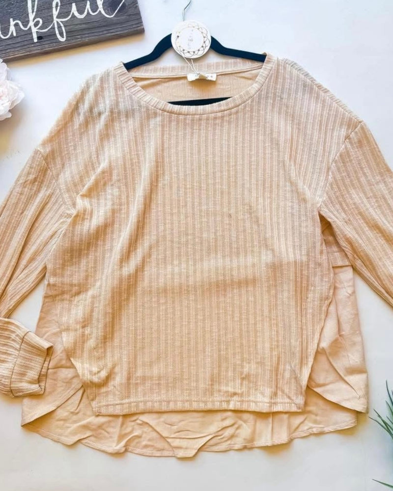 Plus Size Cream Ribbed Knit Long Sleeve Round Neck Top
