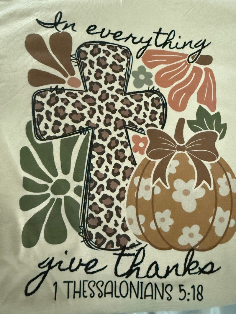 Sand Tan "In Everything Give Thanks" Leopard Cross Short Sleeve Crew Neck T-Shirt Top