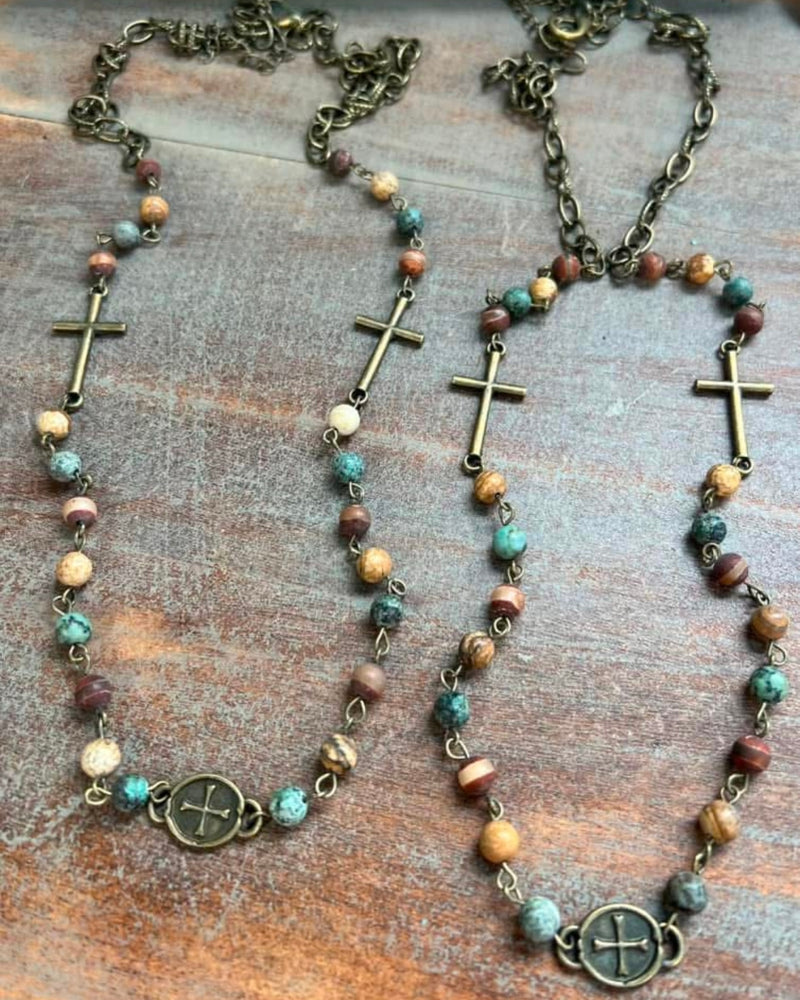 Long Gun Metal Chain Necklace w/color beads & Cross Connection Pieces