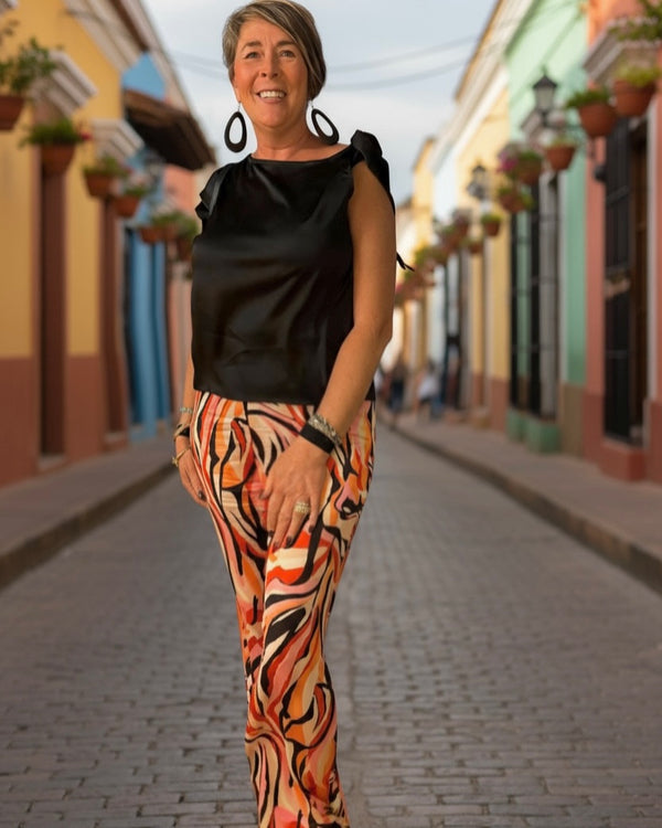 Peach & Black Satin Like Wide Leg Elastic Waist Pants