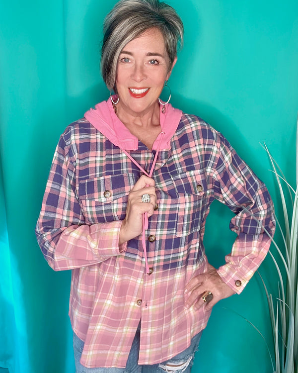 Purple & Pink Plaid Color Block Button Down Flannel Long Sleeve Hoodie Top