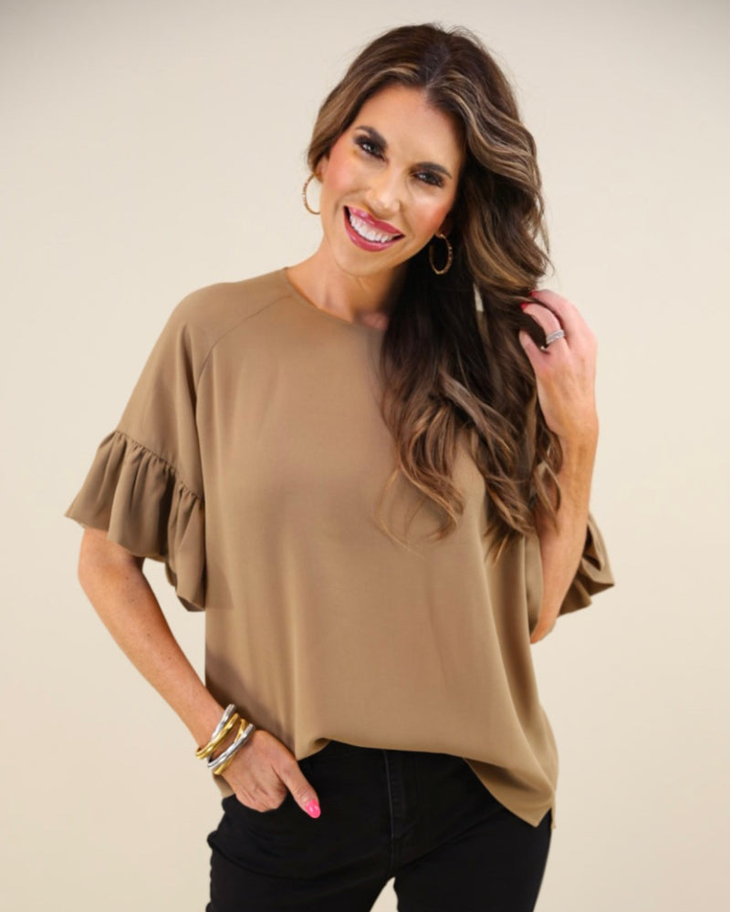 Mocha Brown Rebecca 3/4 Ruffle Sleeve Top