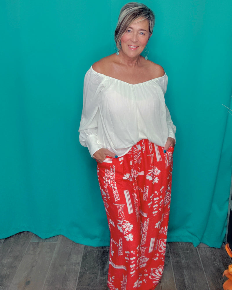 Red & White Tropical Cherry Wide Leg Elastic Waist Pant