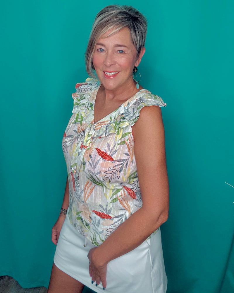 White & Green Tropical Leaf Print Multi Ruffle Tie Neck Sleeveless Cotton Tank Top