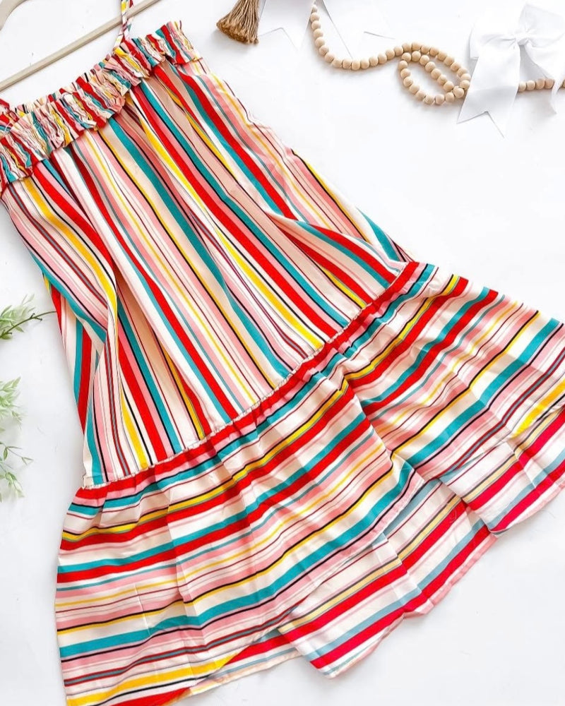 Multicolor Vertical Striped Spaghetti Strap Sleeveless Wide Ruffle Hem Tank Sundress
