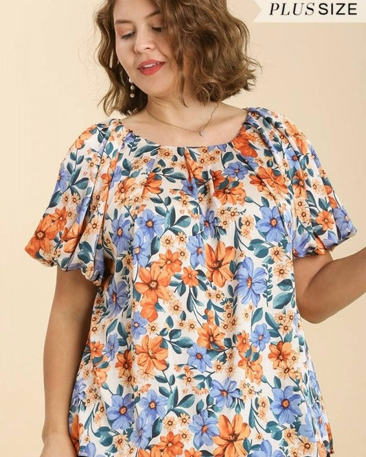 Plus Size Cream, Blue & Orange Satin/Silk Round Neck Short Puff Sleeve Floral Top