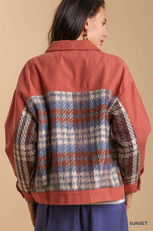 Terra Cotta Rust Sherpa Plaid Button Up Long Sleeve Jacket
