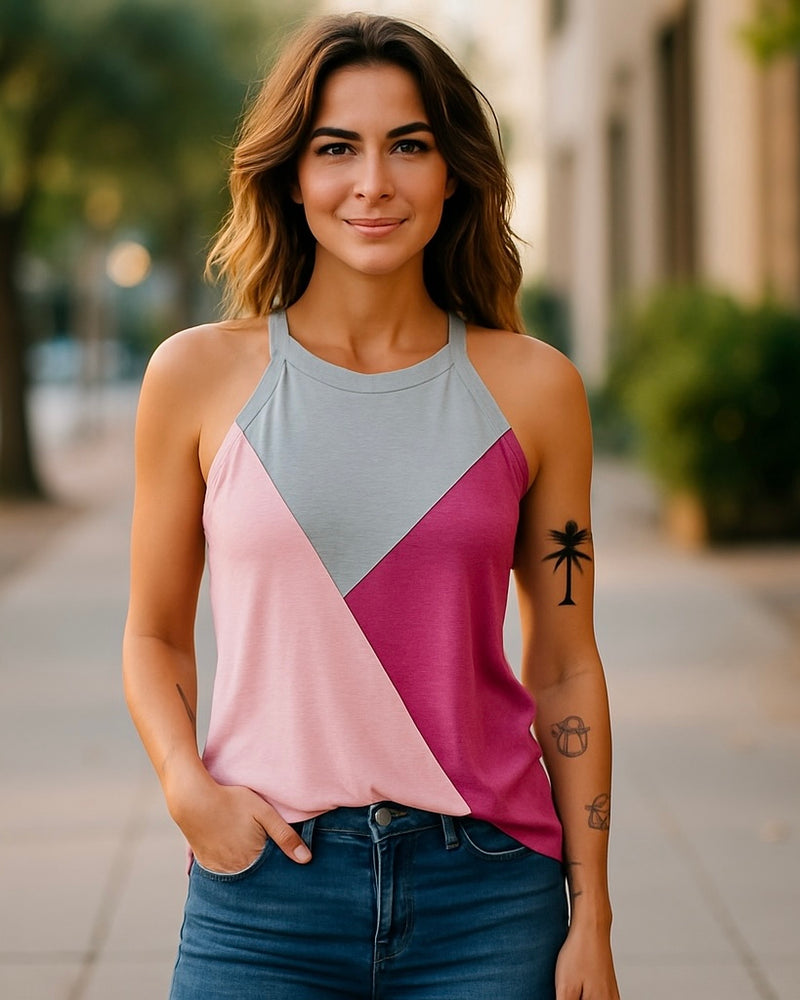 Pink & Grey Color Block Sleeveless Tank Top