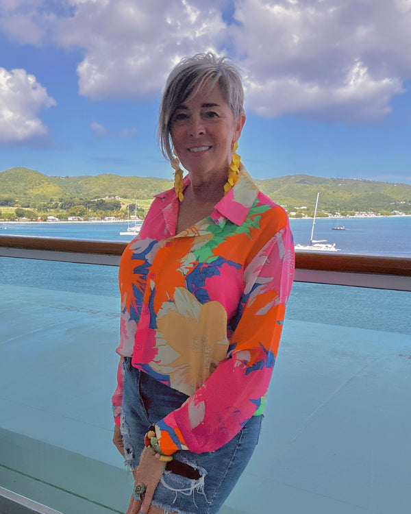 Vibrant Pink Tropical Print Eyes on Paradise Semi Sheer Long Sleeve Button Up Blouse