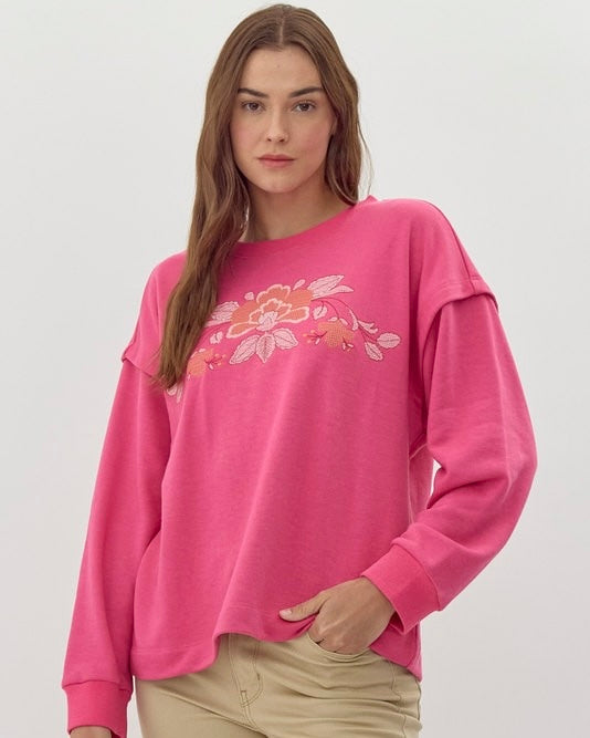 Green or Pink Flower Stitched Floral Long Sleeve Sweatshirt
