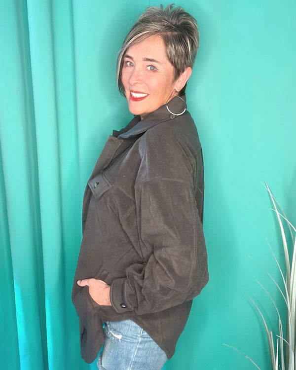 Dark Gray Fleece Button Down Front Pocket Long Sleeve Shacket Jacket