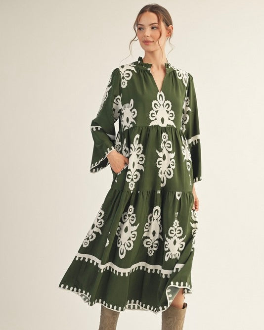 Olive Green & White Damask Print Long Sleeve Midi Dress