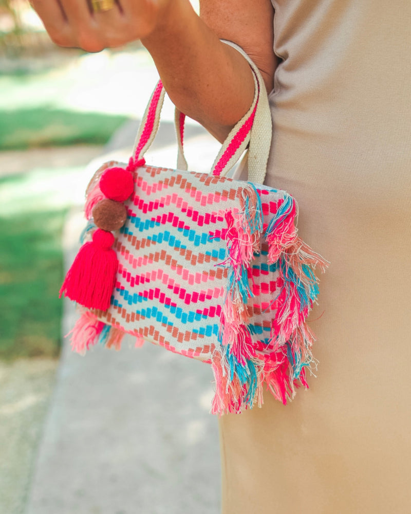 Small Surfside Multicolor Tassel Trim Pom Pom Handbag Purse