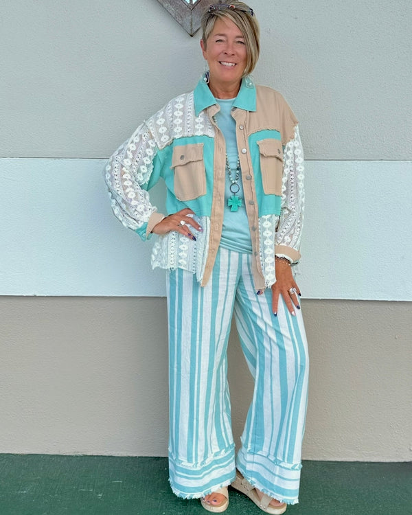 Seafoam Mint Blue Green Vertical Stripe Wide Leg Fray Edge Elastic Waist Pant
