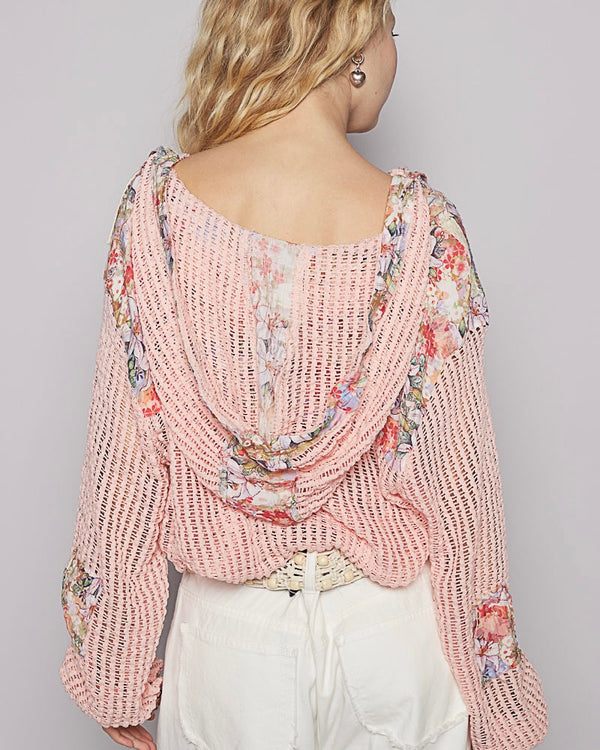 Blush Floral Contrast Pink Open Knit Button Down Pocket Hoodie Long Sleeve Shirt Shacket Top