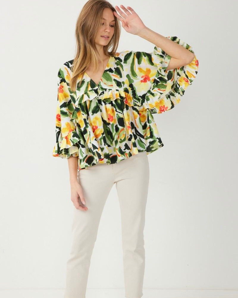 Mango, Green & White Tropical Floral Print Ruffle Front 3/4 Sleeve Top