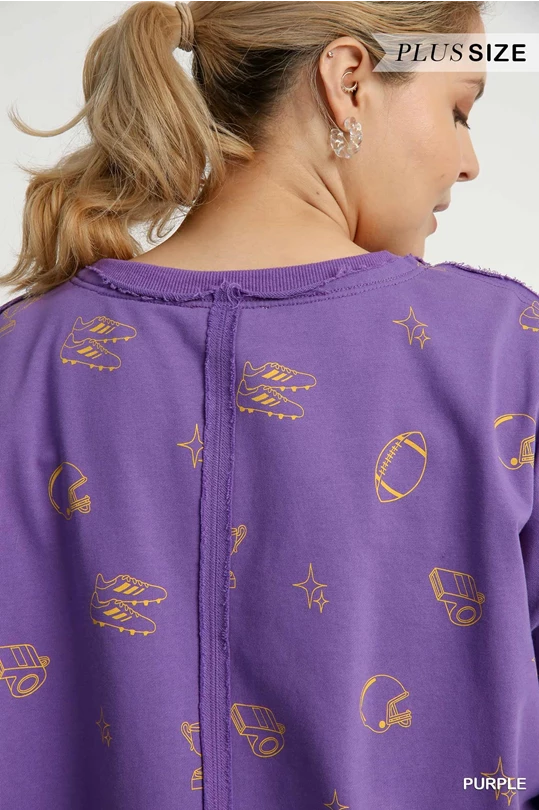 Purple w/Yellow Gold Football Short Sleeve Sweatshirt Top
