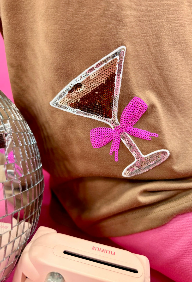 Brown & Pink Espresso Sequin Martini Glass Oversized Short Sleeve Tshirt Top