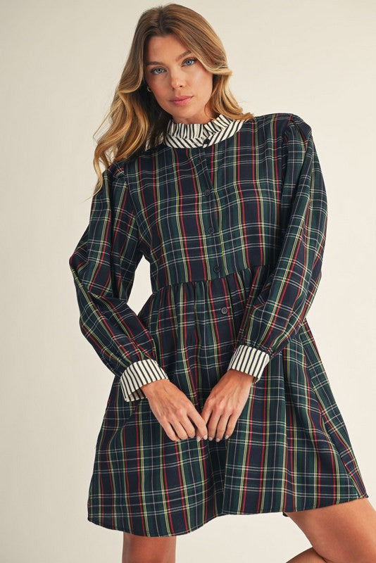 Navy Blue Plaid or Tan Plaid Long Sleeve Contrast Button Neck Dress