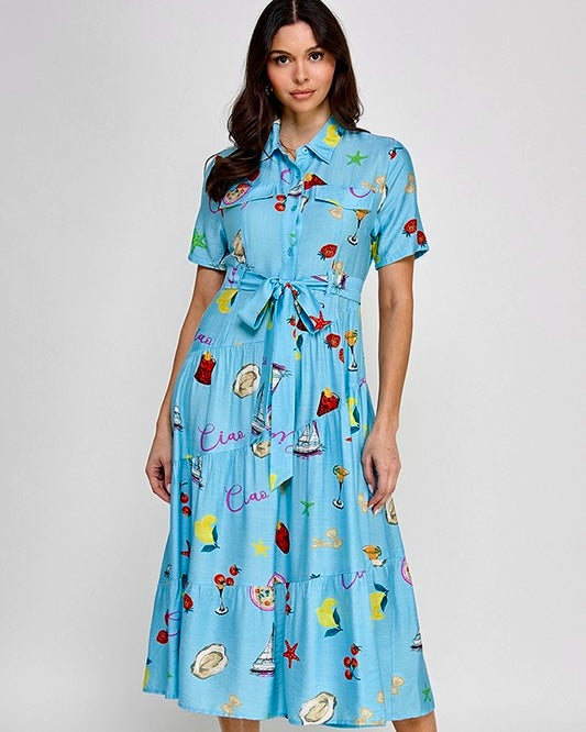 Blue Tropical Vacay Print Button Down Collar Short Sleeve Tier Midi Dress