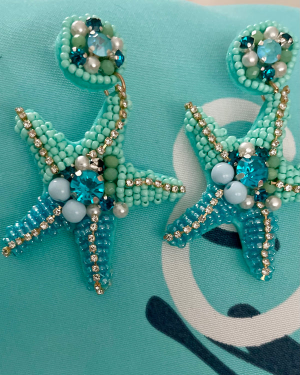 Turquoise Multi Beaded Rhinestone Post Dangle Starfish Earrings