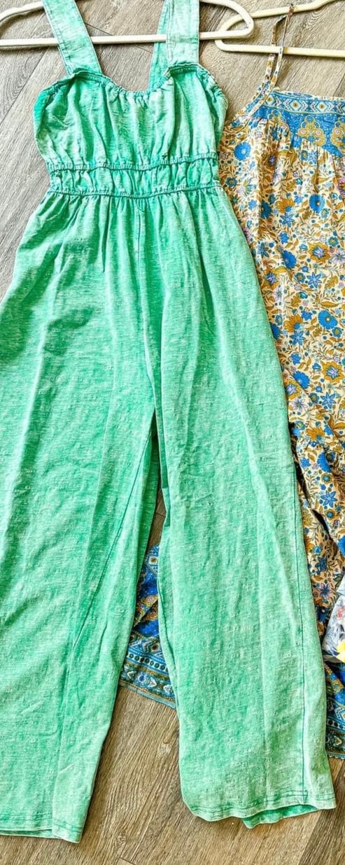 Green Vintage Washed Sleeveless Smock Back Wide Leg Pant Jumpsuit