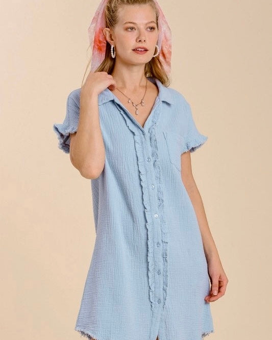 Light Blue or Olive Green Gauze Button Front Short Sleeve Dress