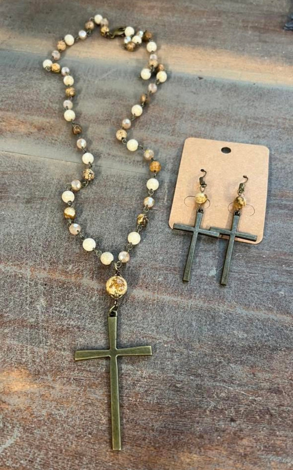 Brown Bead Thin Brass Cross Pendant Necklace & Earring Set