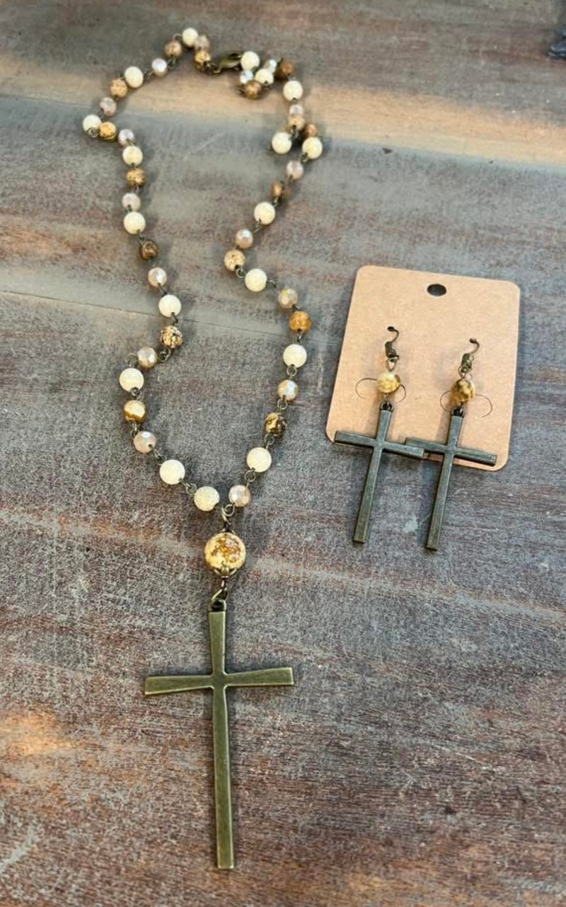 Brown Bead Thin Brass Cross Pendant Necklace & Earring Set