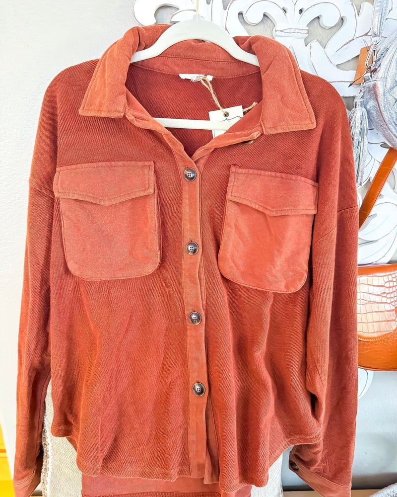 *Green or Terra Cotta Fleece Button Down Front Pocket Long Sleeve Shacket