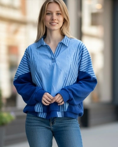 Blue & Navy Blue Color Block Striped Loose Fit Long Sleeve Open Neck Top
