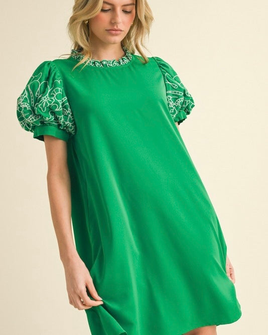 Solid Green Short Puff Embroidery Sleeve Dress