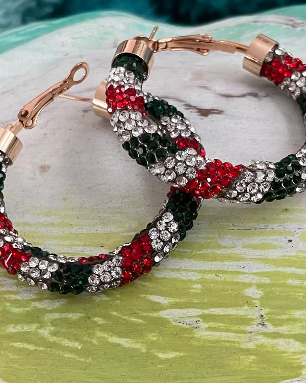 Red, Green & Clear Rhinestone Large Hoop Earrings