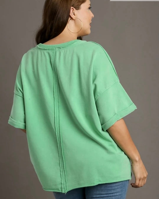 Apple Green Boxy Cut Washed French Terry Casual Outside Stitch Short Rolled Sleeve Top