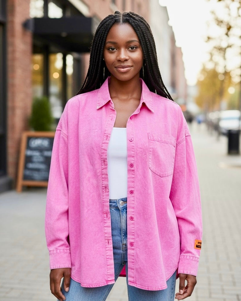 Pink or Blue Acid Wash Button Down Long Sleeve Collar Top