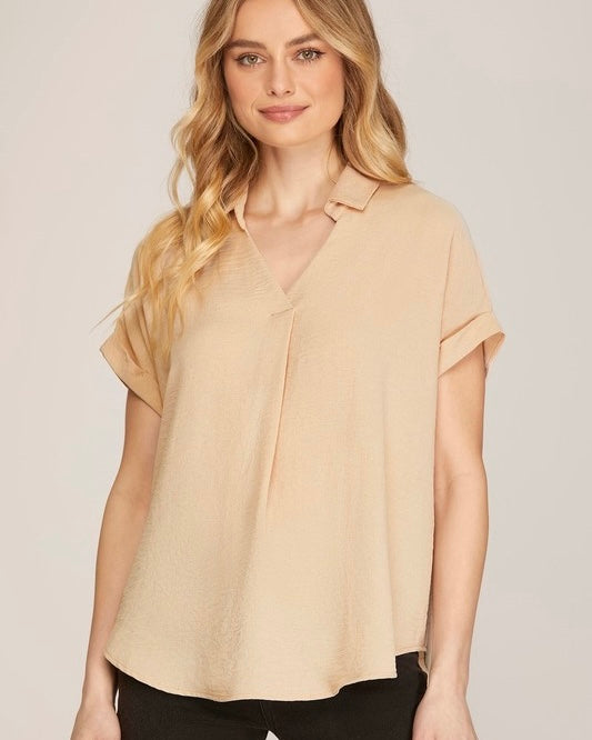 Pink, Beige or Teal Drop Shoulder Short Cap Sleeve Pleat Front Top