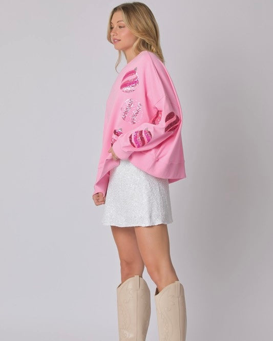 Solid Pink Sequin Ornament Ball Christmas Pullover Round Neck Long Sleeve Sweatshirt Top