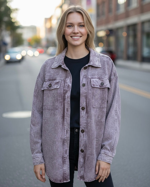 Black, Plum or Brown Acid Wash Fine Corduroy Button Down Shirt Jacket