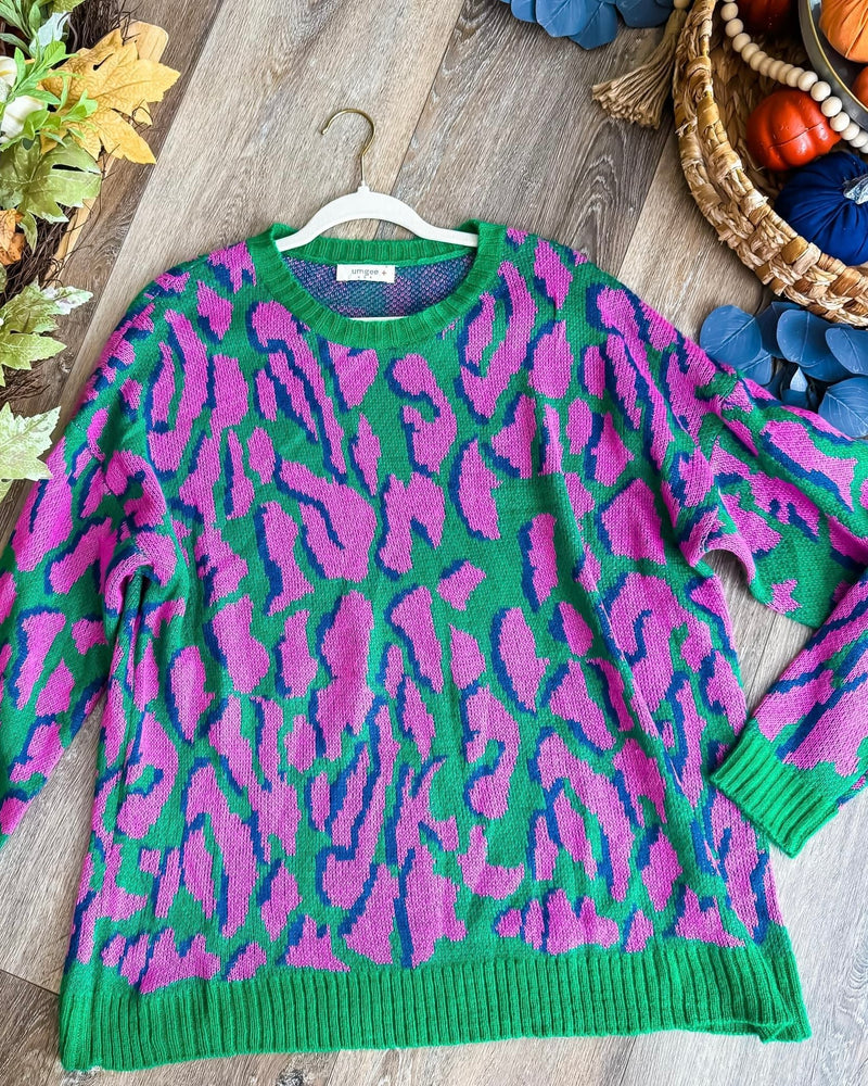 Green & Purple Large Leopard Animal Print Long Sleeve Sweater