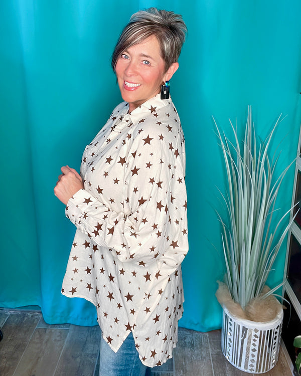 Cream with Brown Star Long Sleeve Button Down Tunic Top