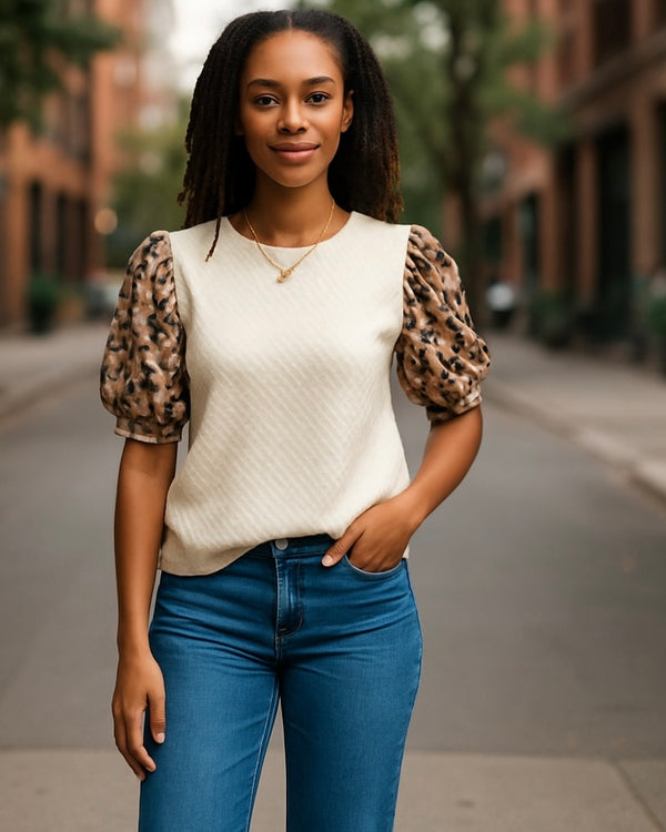 Solid Cream Textured Short Leopard Print Puff Sleeve Top