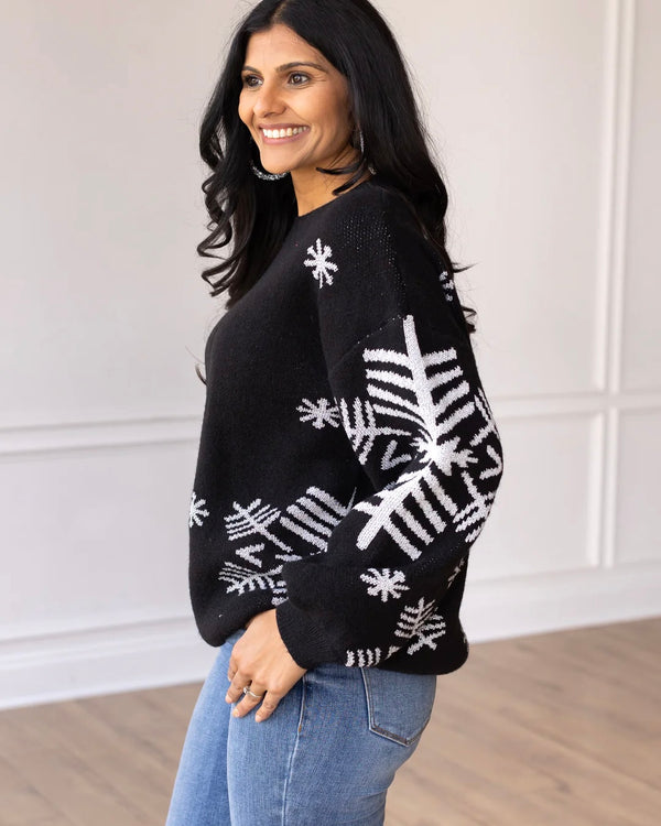 Plus Size Black Snowflake Winter Long Sleeve Sweater