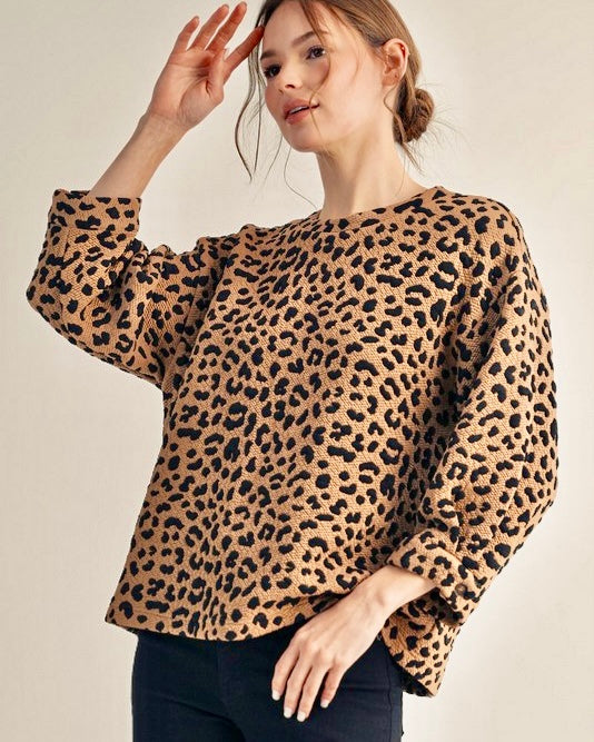Tan & Black Textured 3/4 Long Sleeve Leopard Print Top