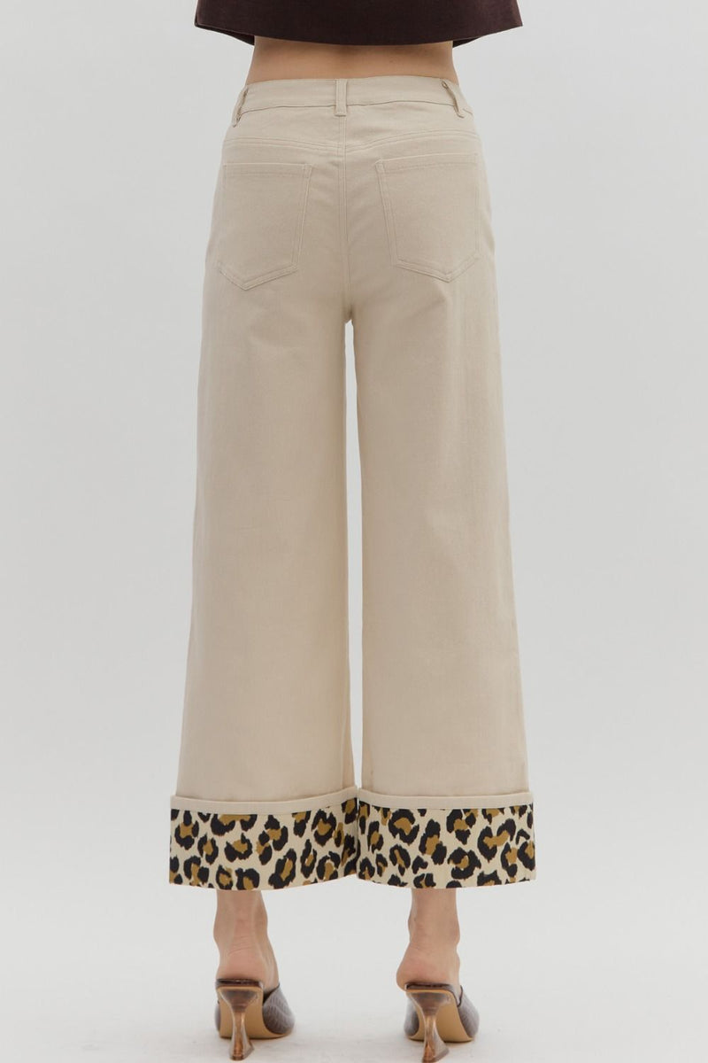 Brown or Khaki Leopard Cuff High Waist Button Fly Wide Leg Pants