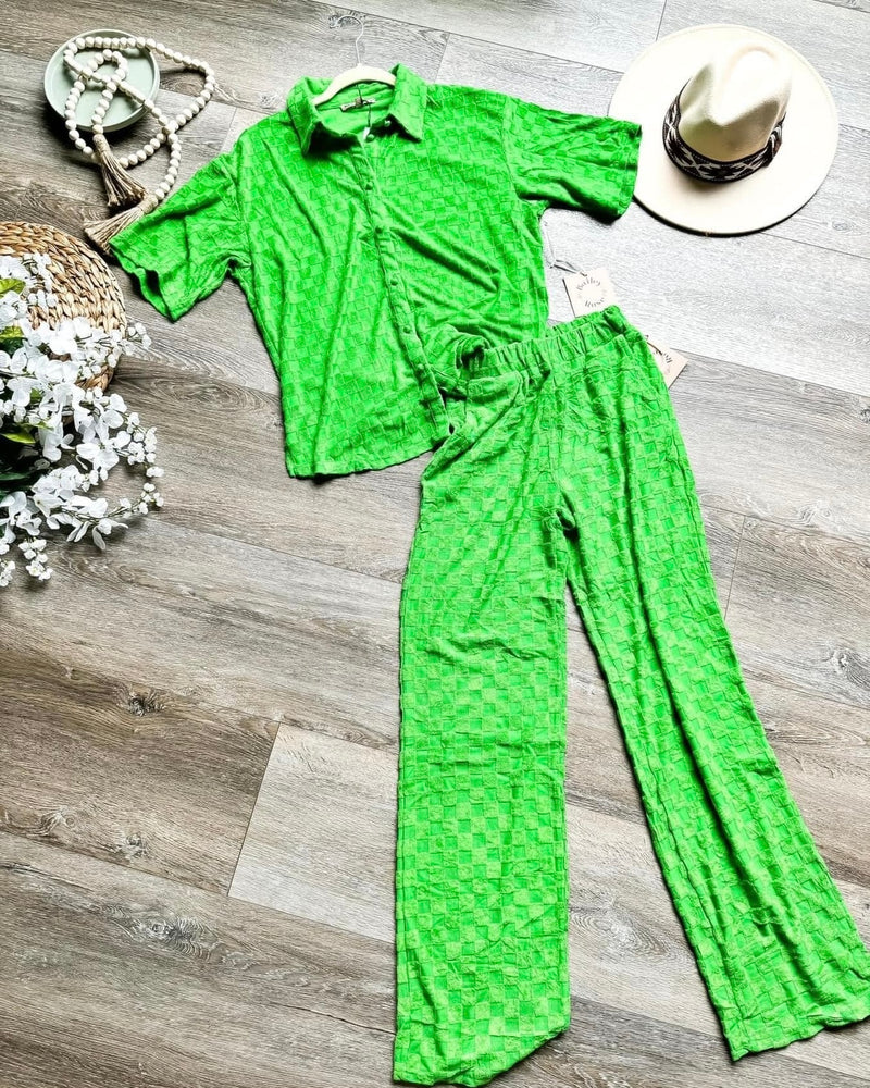 2 pc Lime Green Checkered Texture Button Down Top and Pant Set