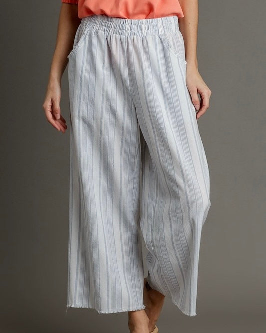 Plus Size Blue & White Striped Wide Leg Ankle Crop Frayed Pants