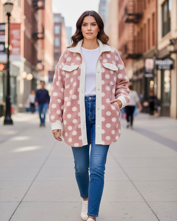 Polka Dot Sherpa Button Front Long Sleeve Collared Shacket Jacket