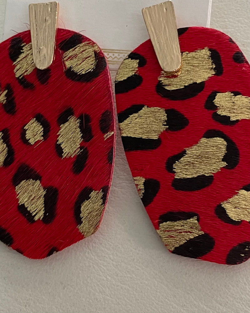 Red Leopard Faux Cow Print Gold Post Earrings