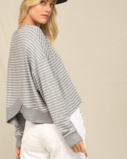 White w/Black Stripe Round Neck Drop Shoulder Jersey Long Sleeve Pullover