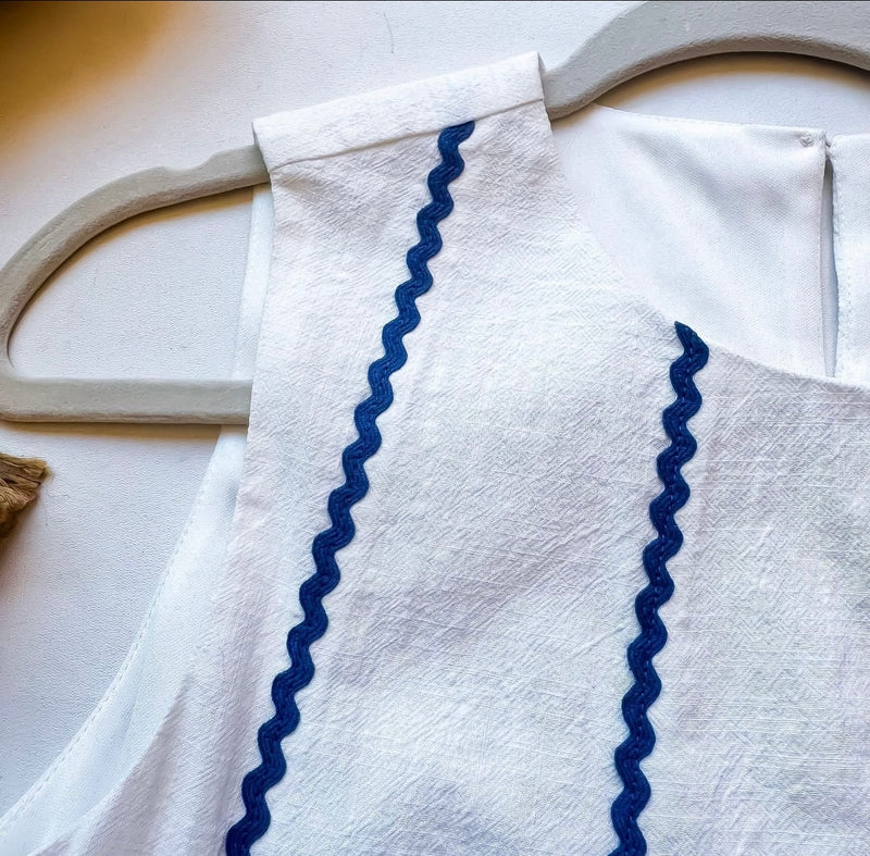 White Blue Ric Rac Stripe A-Line Sleeveless Top